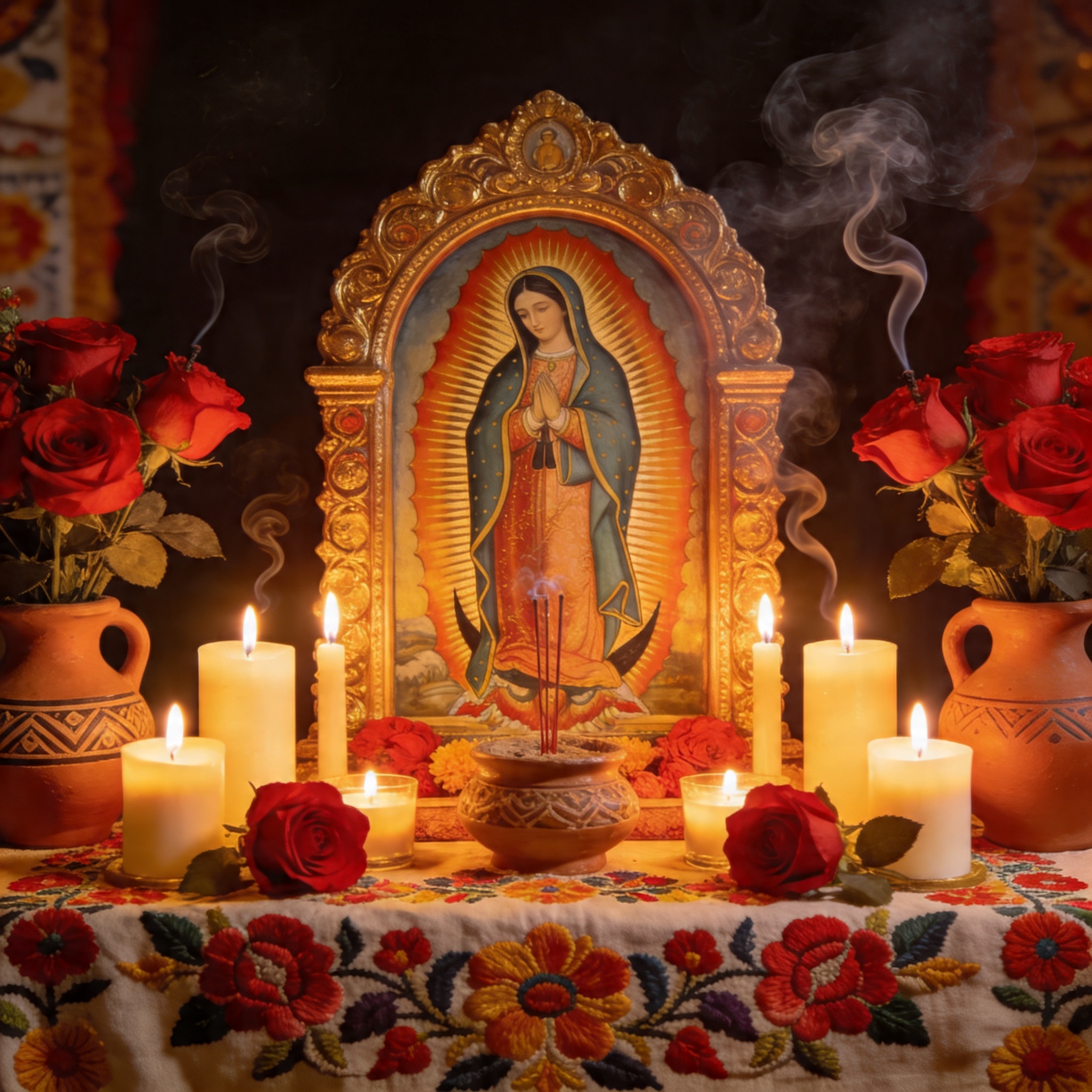 Altar con imagen de la Virgen de Guadalupe